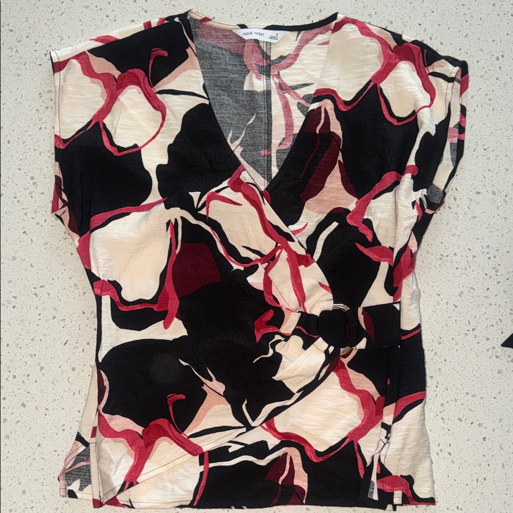 Nine West Black and Red Floral Wrap Blouse